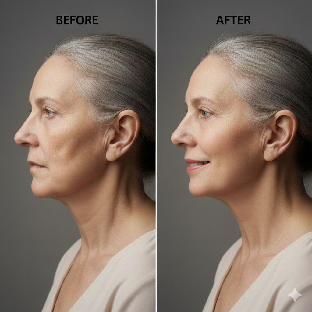 Imagem comparativa de antes e depois de Mini Lifting Facial em BH, demonstrando melhora da flacidez leve no terço inferior da face e maior definição do contorno mandibular. Observa-se rejuvenescimento natural, com aspecto mais firme e harmônico, sem alterar as características individuais da paciente.