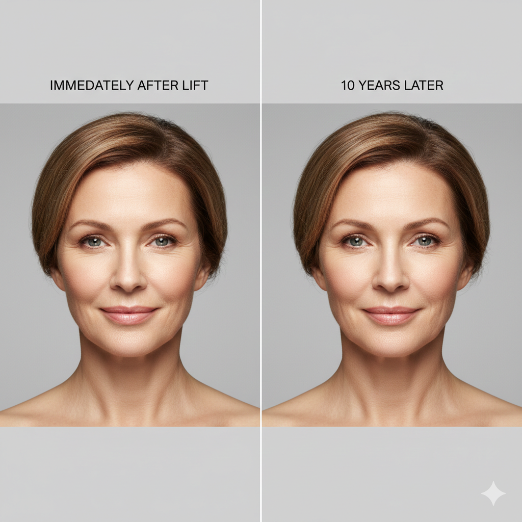 Resultado de lifting facial imediatamente após a cirurgia e 10 anos depois, demonstrando a durabilidade do procedimento.