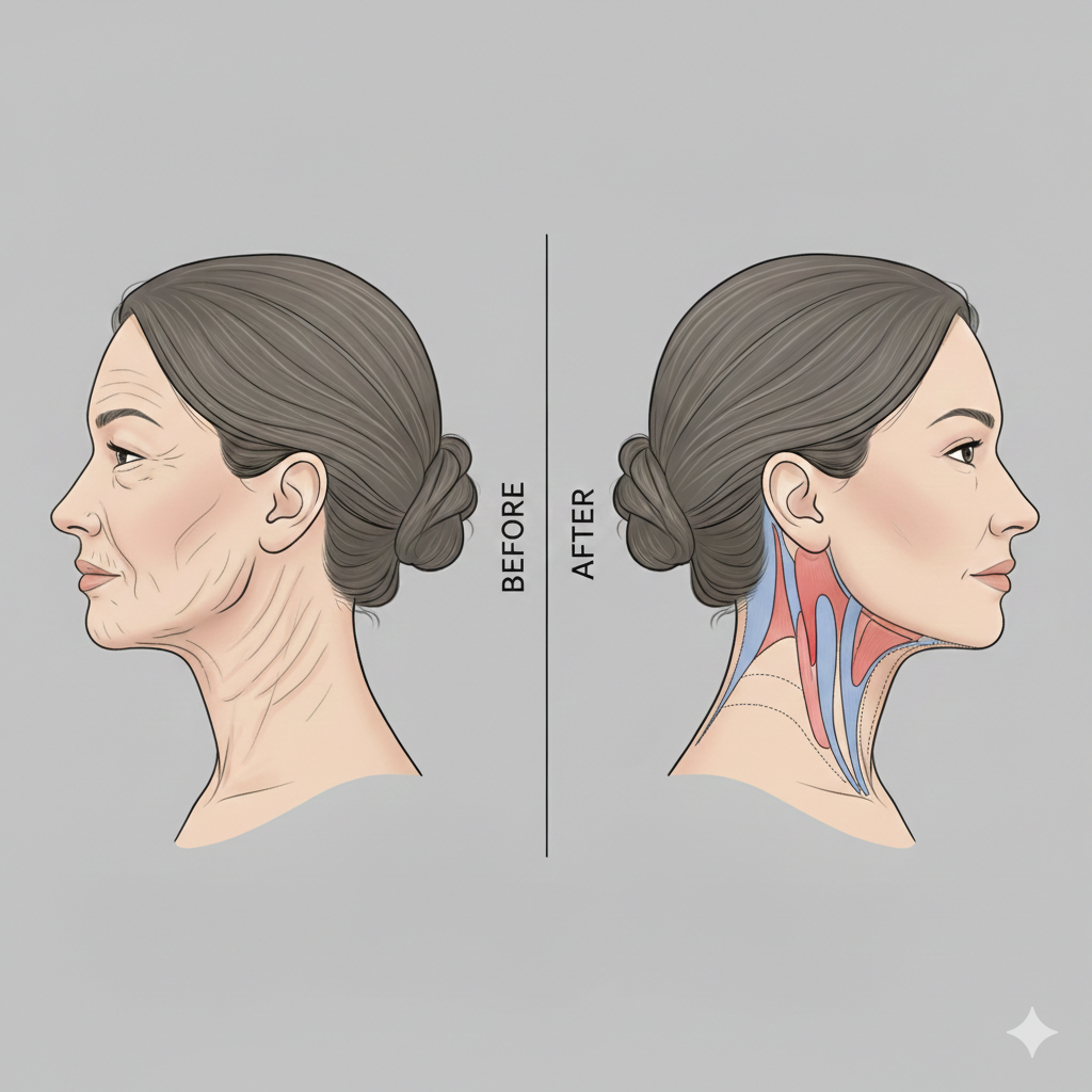 Ilustração demonstrando o reposicionamento das estruturas profundas no lifting facial.