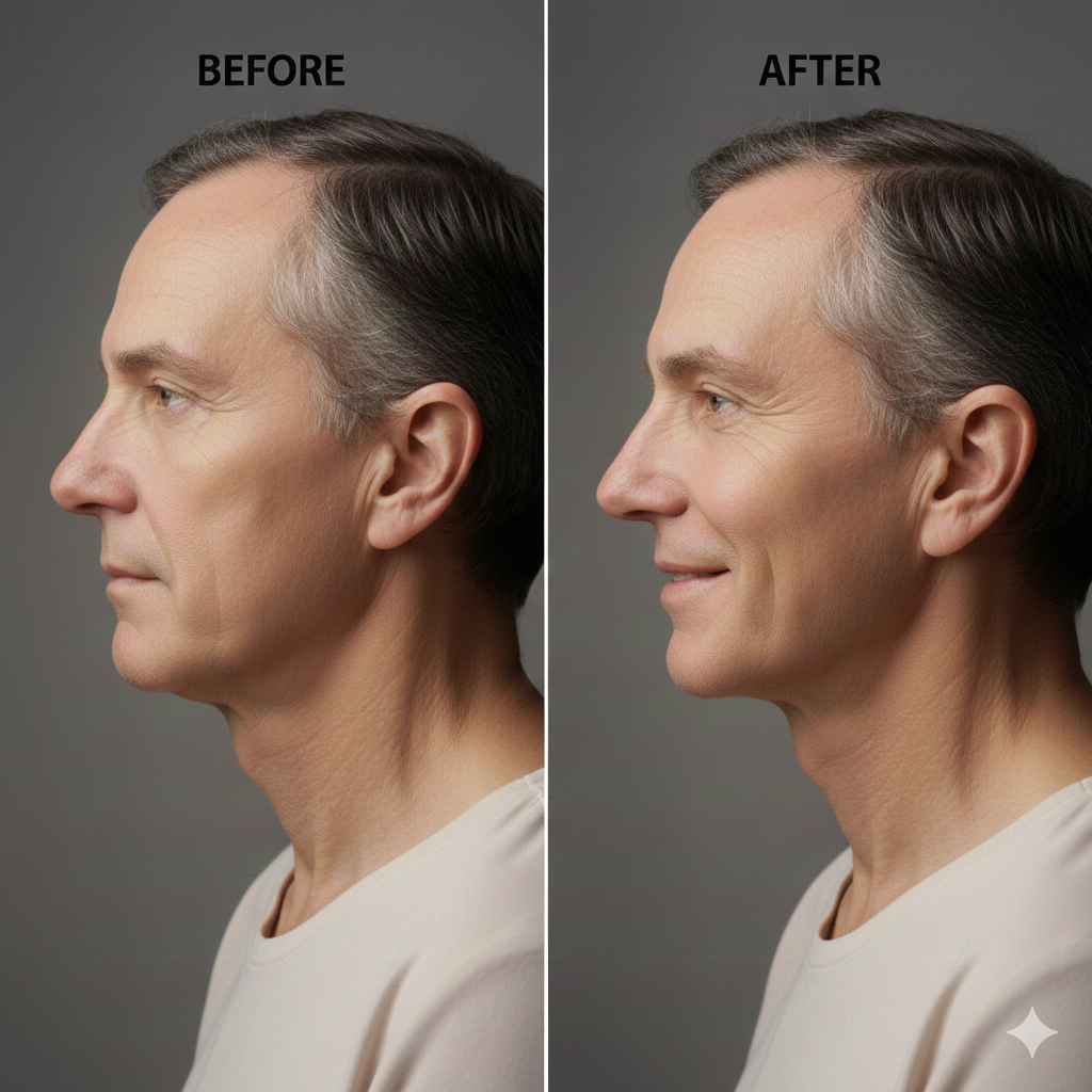 Antes e depois de lifting facial em BH com melhora da flacidez e definição do contorno mandibular.