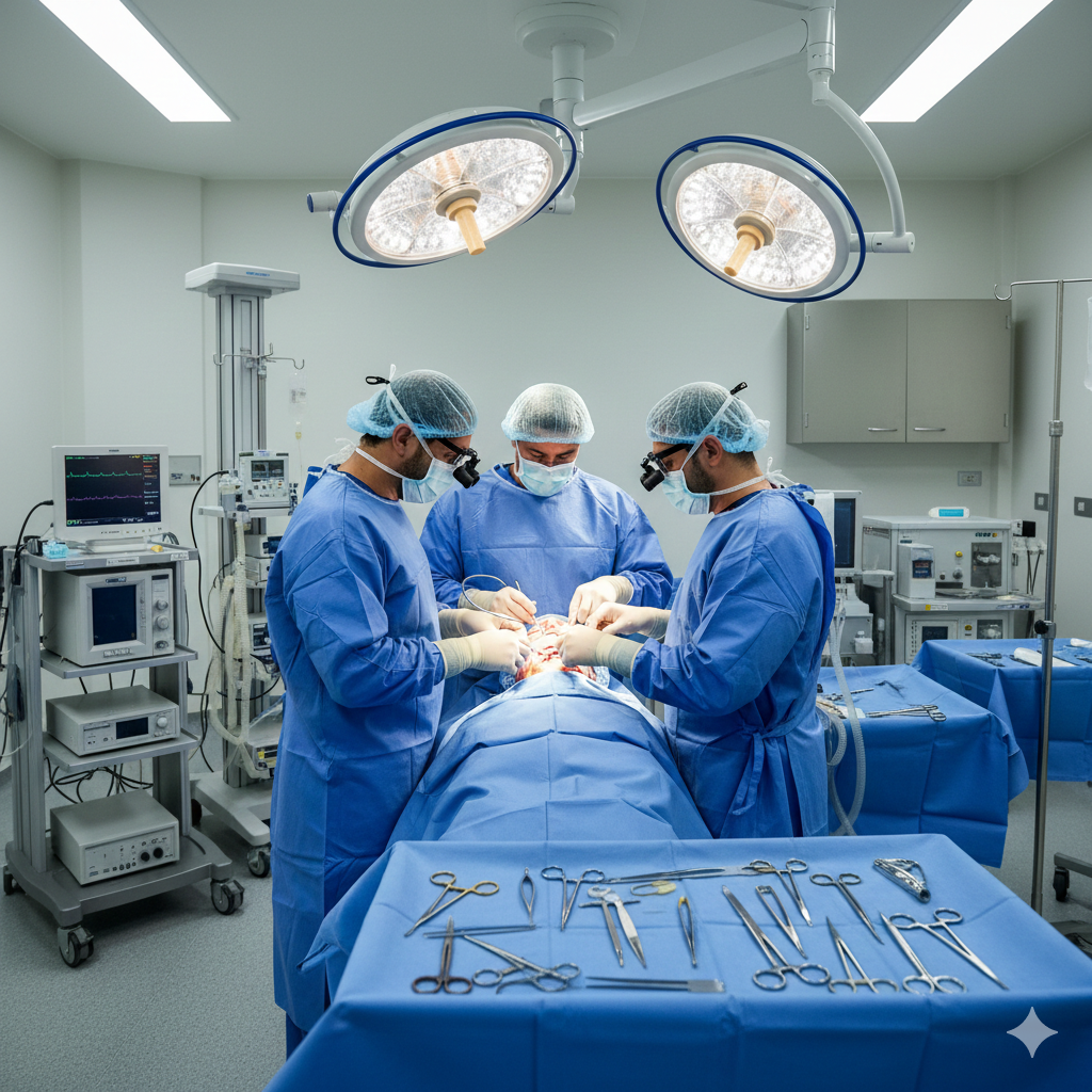 Procedimento de lifting facial realizado em centro cirúrgico com equipe médica e monitorização hospitalar.