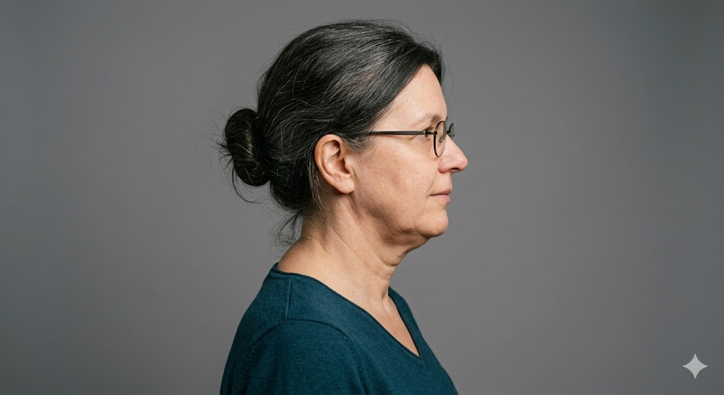 Mulher de perfil com papada e flacidez cervical, candidata à cirurgia de papada em BH