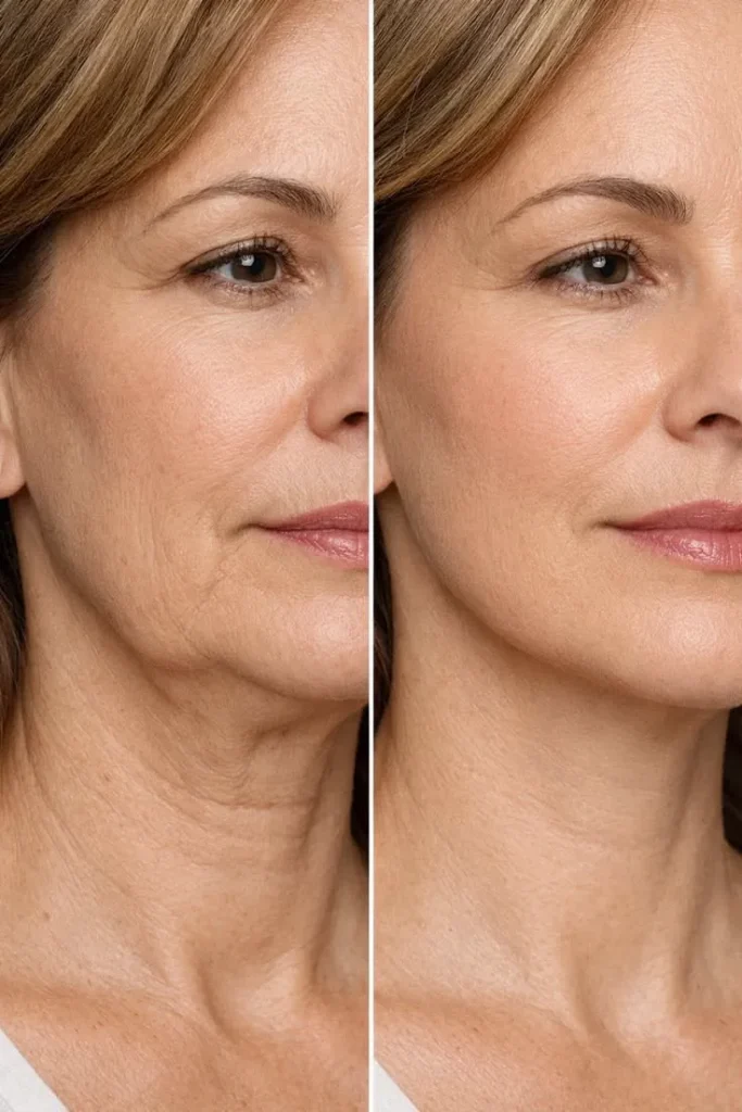 Comparação do antes e depois de lifting facial, mostrando o reposicionamento dos tecidos da face e melhora do contorno facial. Comparação do antes e depois de lifting facial, mostrando o reposicionamento dos tecidos da face e melhora do contorno facial.